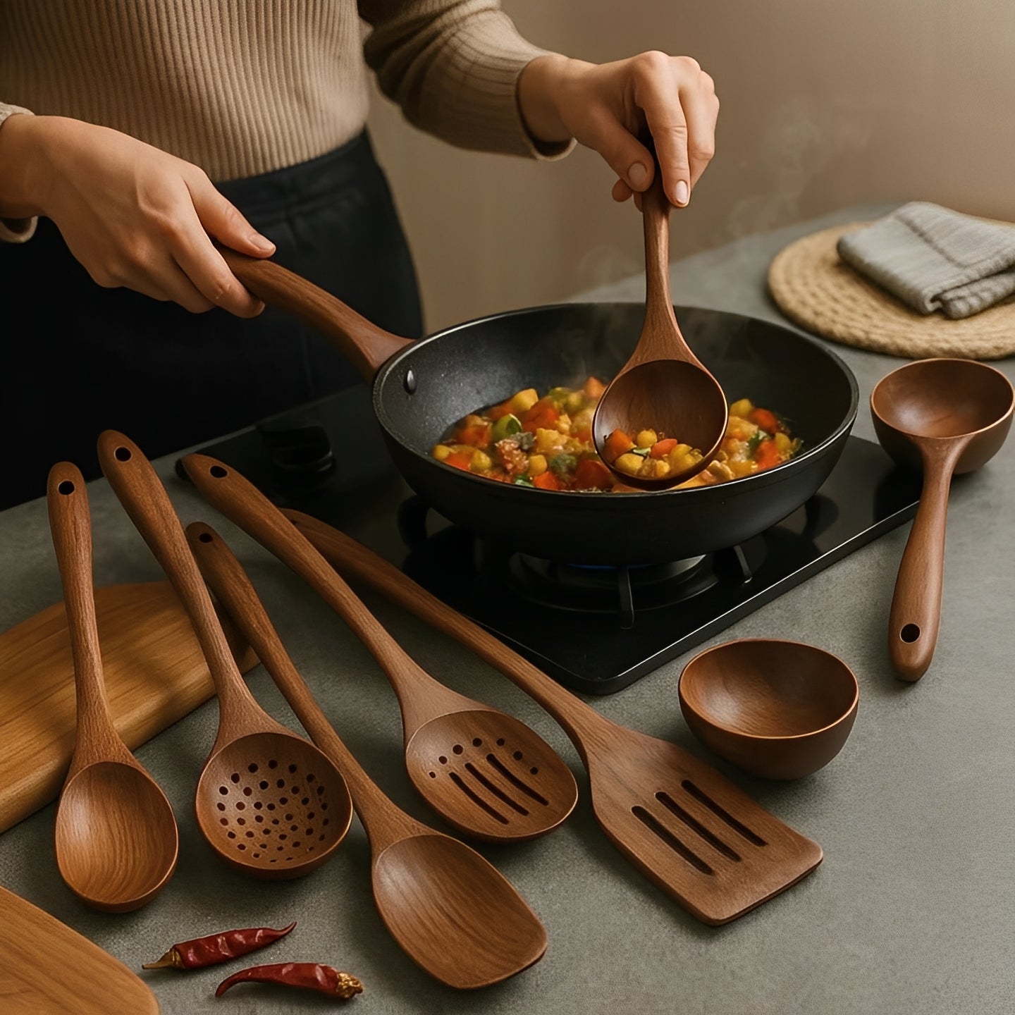Ergonomic Teak Utensil Collection for Effortless Cooking