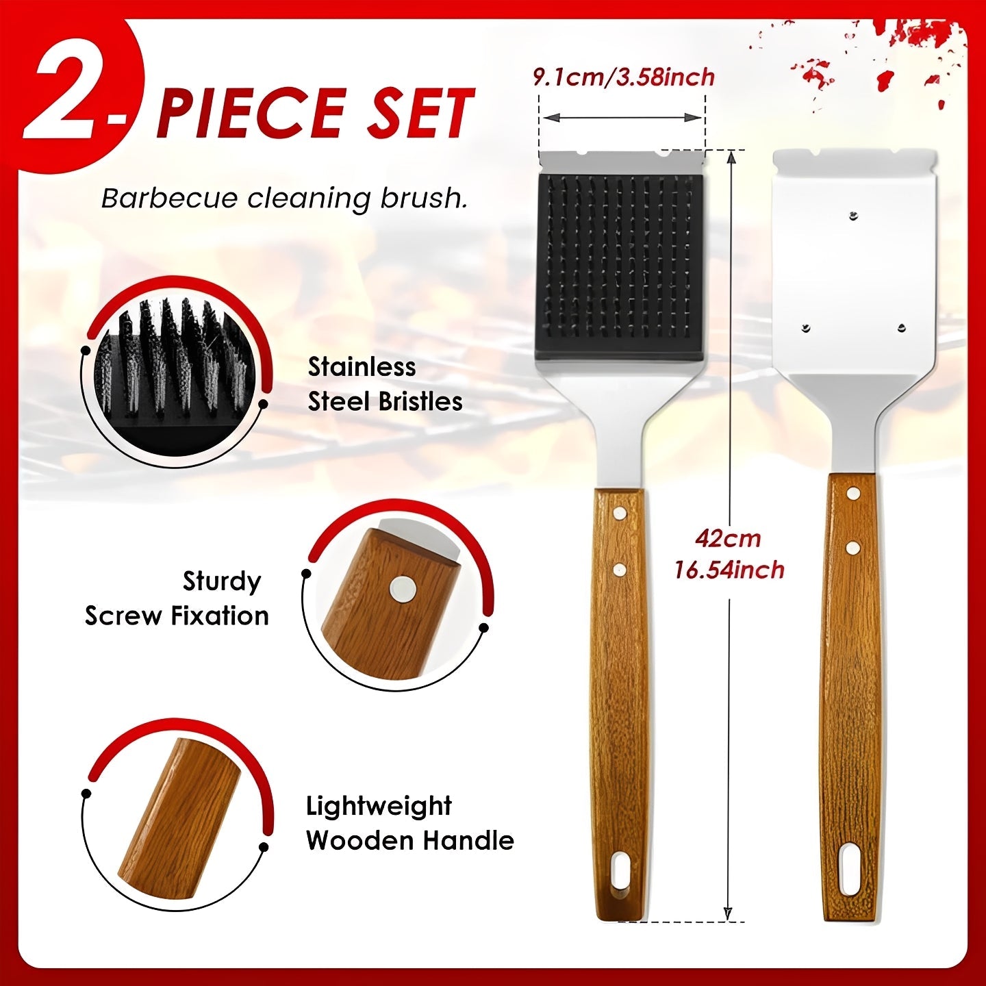 Ergonomic Grill Cleaning Brush Set with Scraping Tool - 2 Pack