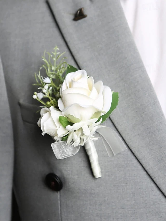 Elegant Faux White Rose Corsage and Boutonniere Duo for Special Occasions