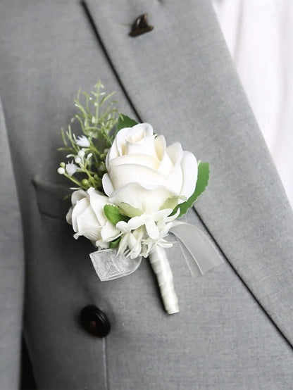 Elegant Faux White Rose Corsage and Boutonniere Duo for Special Occasions