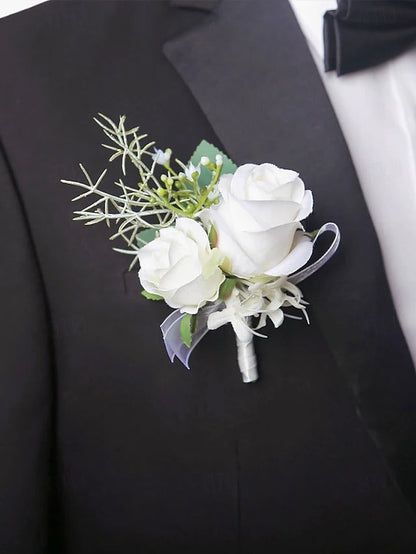 Elegant Faux White Rose Corsage and Boutonniere Duo for Special Occasions