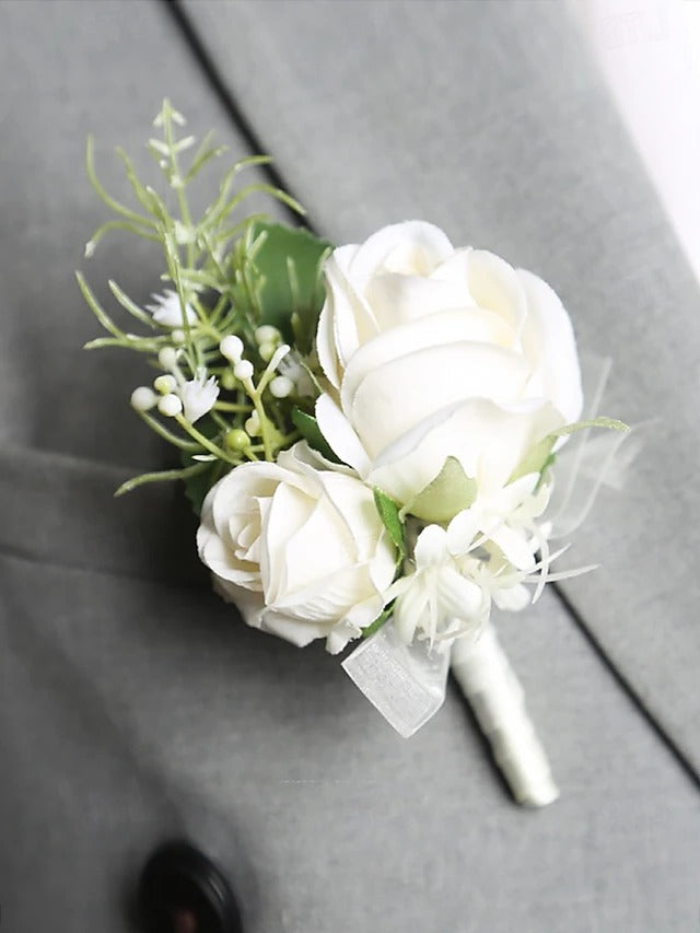 Elegant Faux White Rose Corsage and Boutonniere Duo for Special Occasions