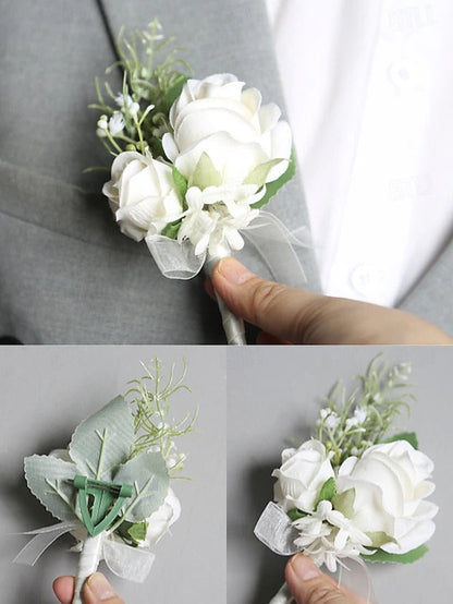 Elegant Faux White Rose Corsage and Boutonniere Duo for Special Occasions