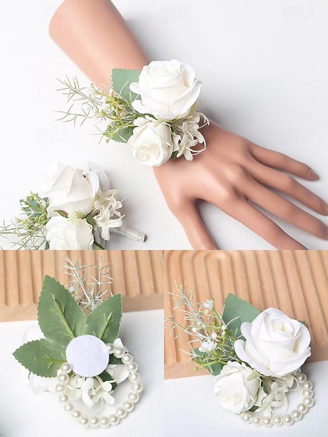 Elegant Faux White Rose Corsage and Boutonniere Duo for Special Occasions