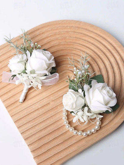 Elegant Faux White Rose Corsage and Boutonniere Duo for Special Occasions