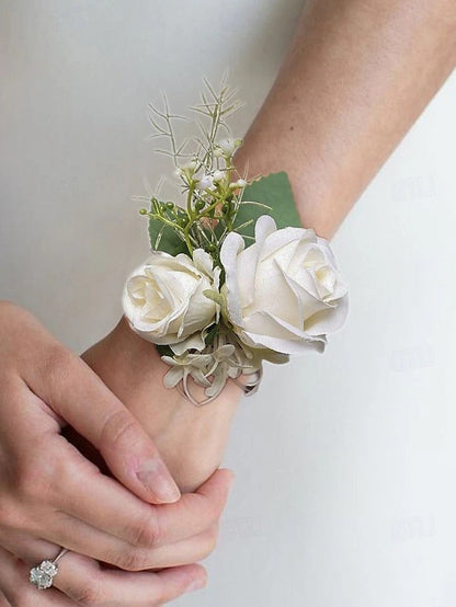 Elegant Faux White Rose Corsage and Boutonniere Duo for Special Occasions