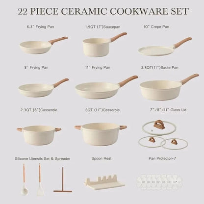 22-Piece Nonstick Ceramic Cookware Set with Glass Lids
