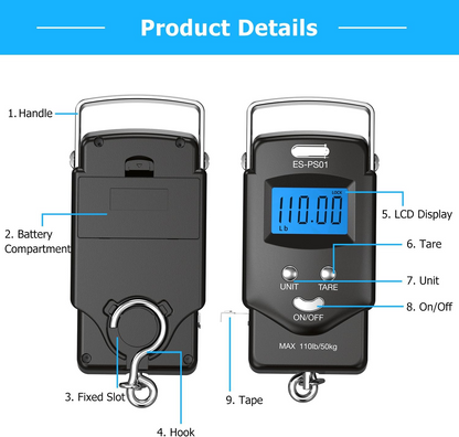 Compact Digital Scale with Tape Measure and Illuminated Display, 110lb Capacity