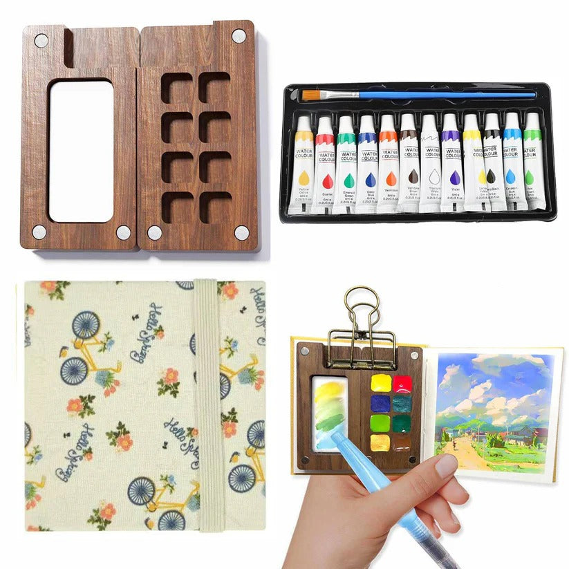 Travel-Friendly Watercolor Kit with Palette, Brush, and Sketchbook