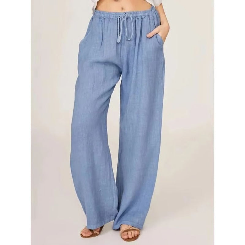 Lightweight Linen Blend Wide-Leg Trousers with Stretch Waistband