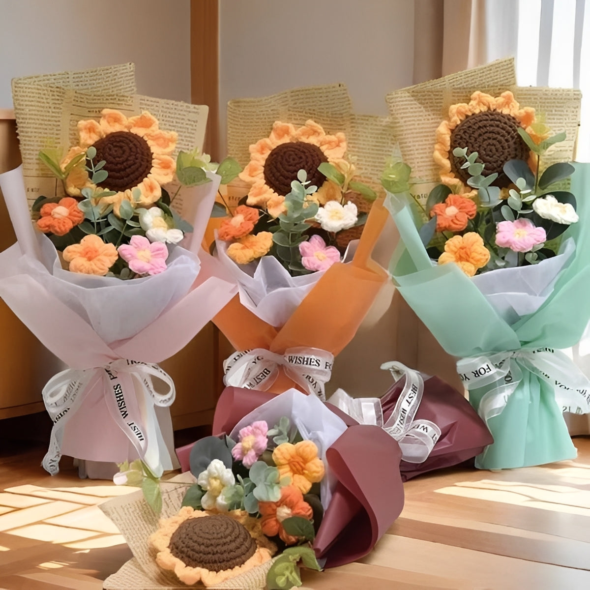 Artisan-Crafted Sunflower and Daisy Yarn Bouquet for Any Celebration