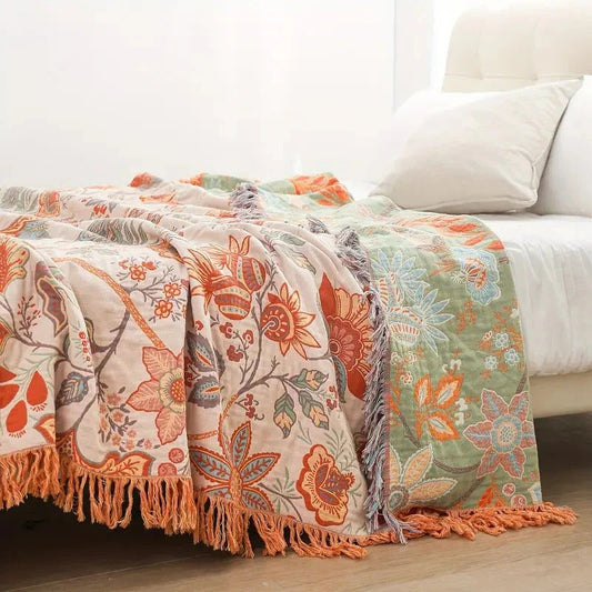 Vibrant Floral Cotton Throw Blanket with Stylish Fringe Edges