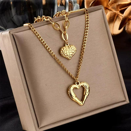Layered Heart Charm Necklace with Adjustable Clasp