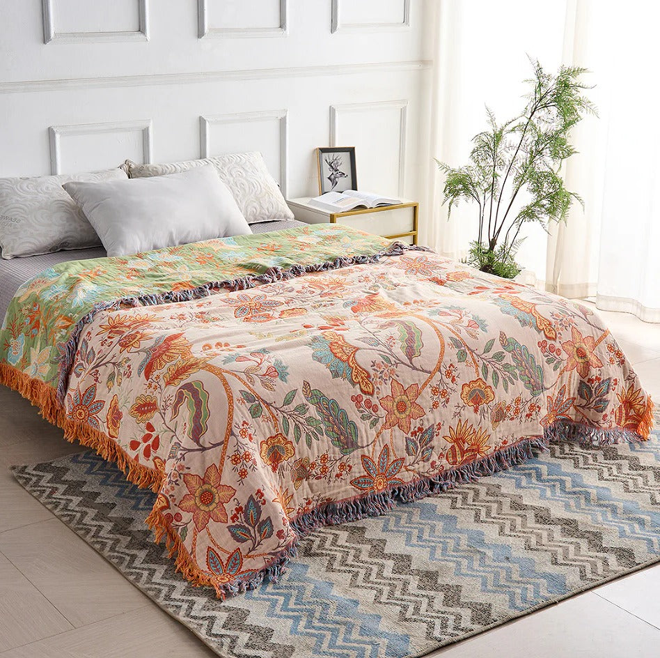 Vibrant Floral Cotton Throw Blanket with Stylish Fringe Edges