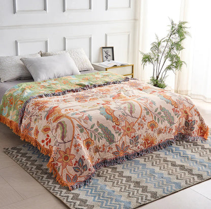 Vibrant Floral Cotton Throw Blanket with Stylish Fringe Edges