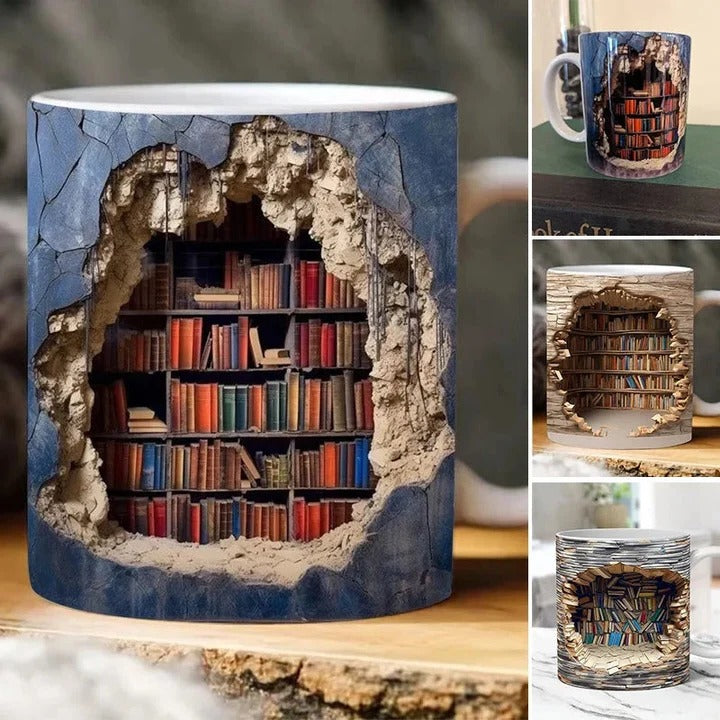 Literary Haven Ceramic Coffee Cup with 3D Bookshelf Print