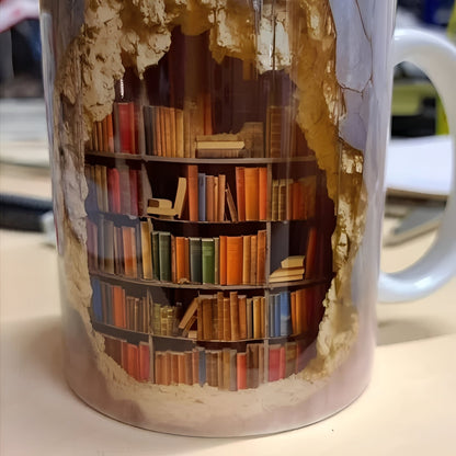 Literary Haven Ceramic Coffee Cup with 3D Bookshelf Print