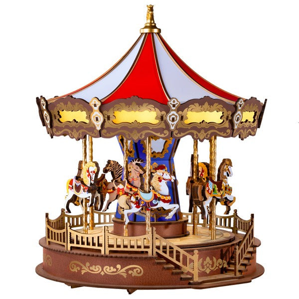 Illuminated 3D Wooden Carousel Music Box with Moving Elements