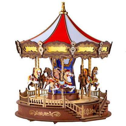 Illuminated 3D Wooden Carousel Music Box with Moving Elements
