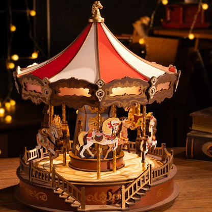 Illuminated 3D Wooden Carousel Music Box with Moving Elements