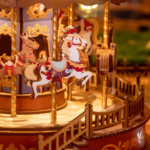Illuminated 3D Wooden Carousel Music Box with Moving Elements