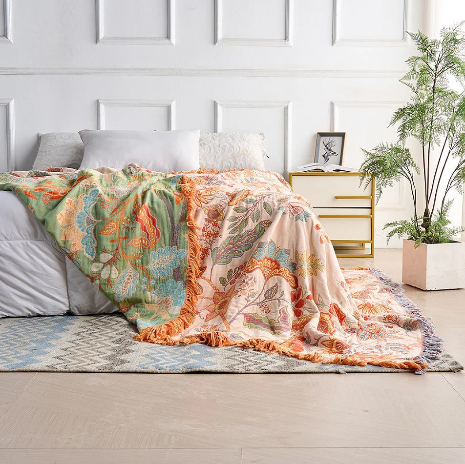 Vibrant Floral Cotton Throw Blanket with Stylish Fringe Edges