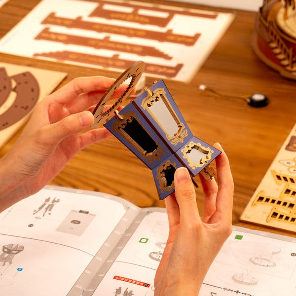 Illuminated 3D Wooden Carousel Music Box with Moving Elements