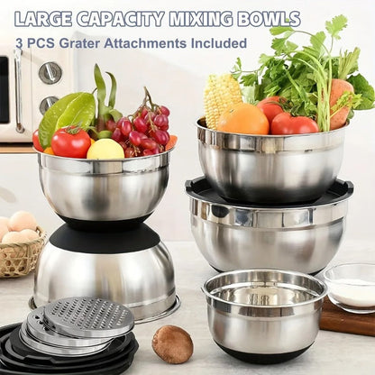Versatile Stainless Steel Mixing Bowl Set with Secure Lids, 8-Piece Collection