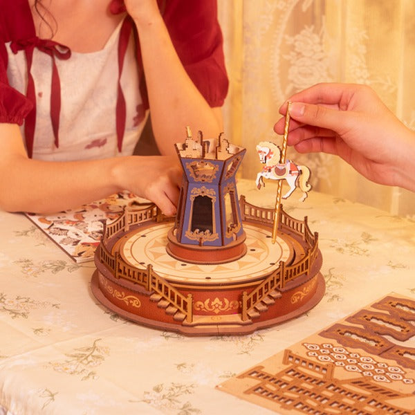 Illuminated 3D Wooden Carousel Music Box with Moving Elements