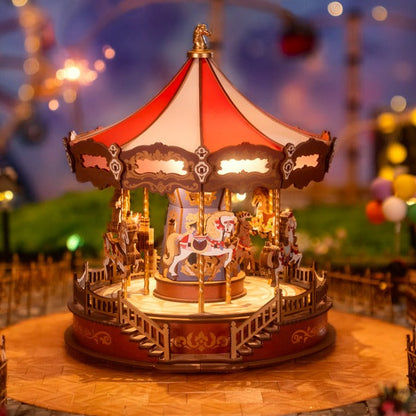 Illuminated 3D Wooden Carousel Music Box with Moving Elements