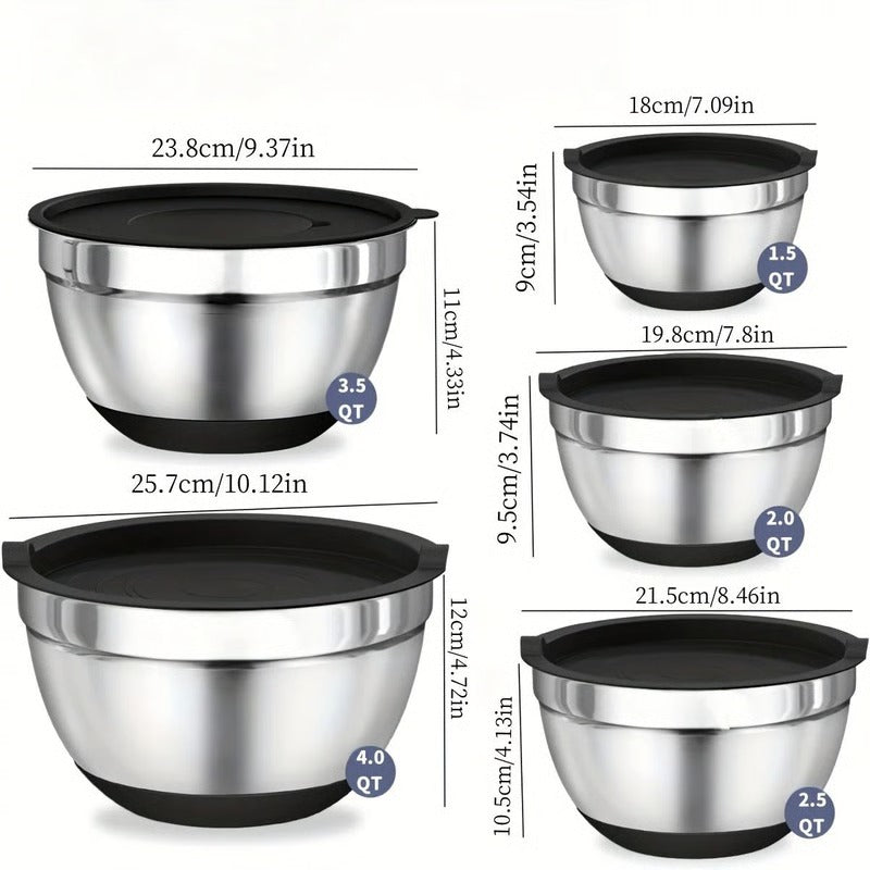 Versatile Stainless Steel Mixing Bowl Set with Secure Lids, 8-Piece Collection