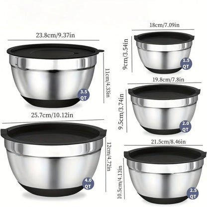 Versatile Stainless Steel Mixing Bowl Set with Secure Lids, 8-Piece Collection