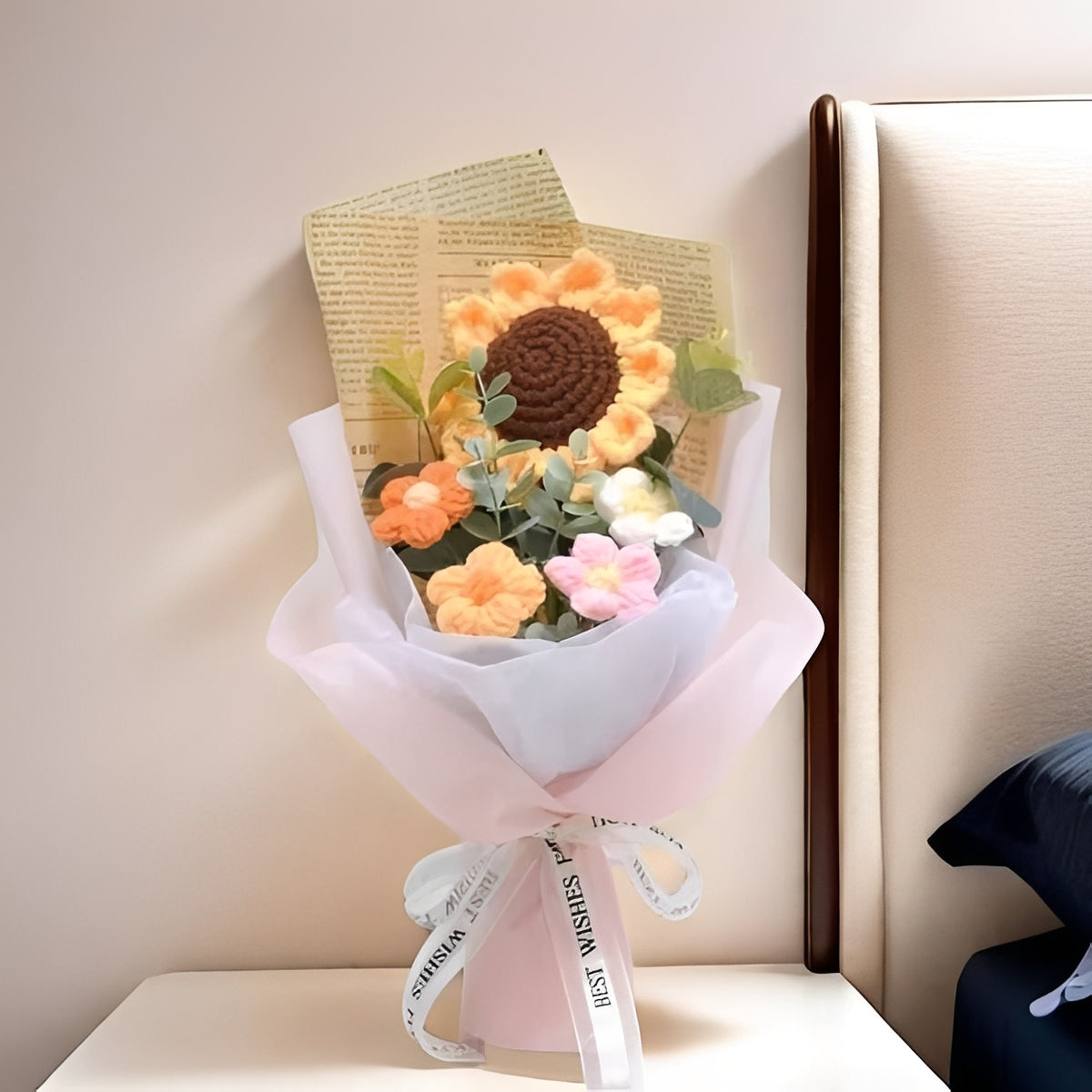 Artisan-Crafted Sunflower and Daisy Yarn Bouquet for Any Celebration