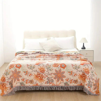 Vibrant Floral Cotton Throw Blanket with Stylish Fringe Edges