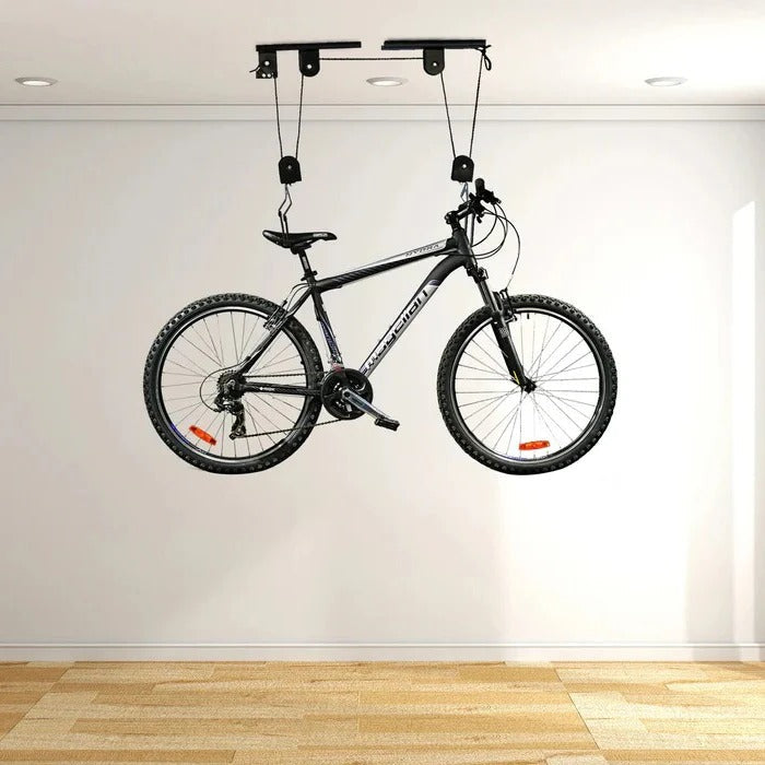 Space-Saving Overhead Bike Lift with Secure Pulley System