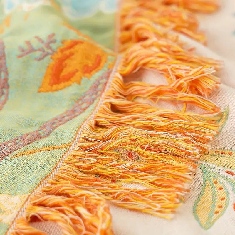 Vibrant Floral Cotton Throw Blanket with Stylish Fringe Edges