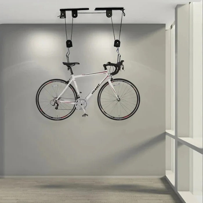 Space-Saving Overhead Bike Lift with Secure Pulley System