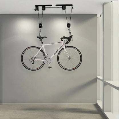 Space-Saving Overhead Bike Lift with Secure Pulley System