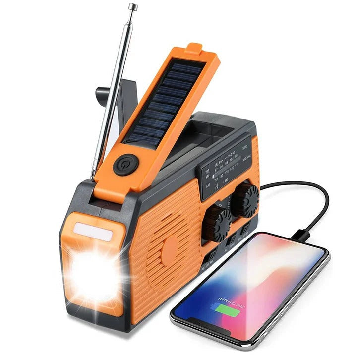 All-in-One Emergency Radio with Solar, Crank Power, and USB Charging