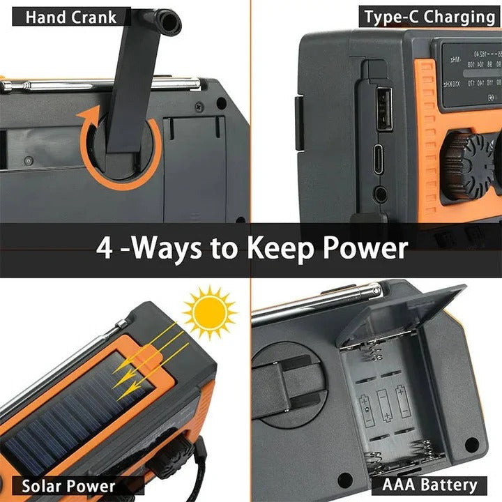 All-in-One Emergency Radio with Solar, Crank Power, and USB Charging