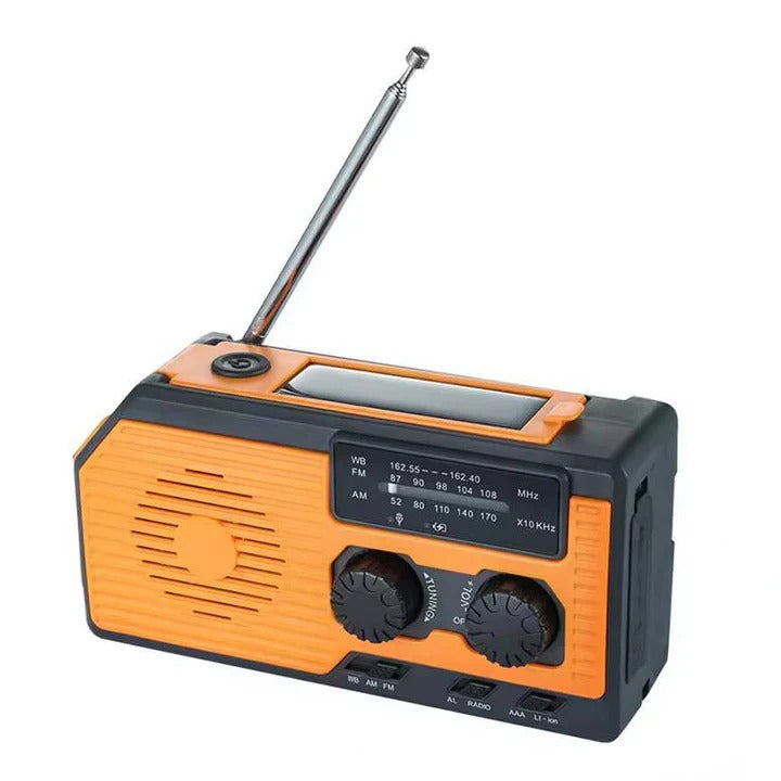All-in-One Emergency Radio with Solar, Crank Power, and USB Charging