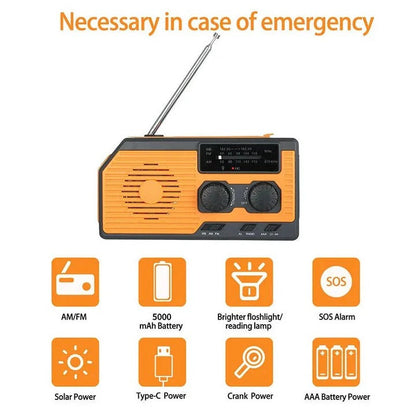 All-in-One Emergency Radio with Solar, Crank Power, and USB Charging