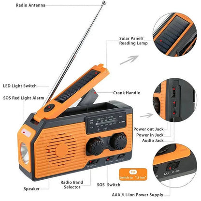 All-in-One Emergency Radio with Solar, Crank Power, and USB Charging
