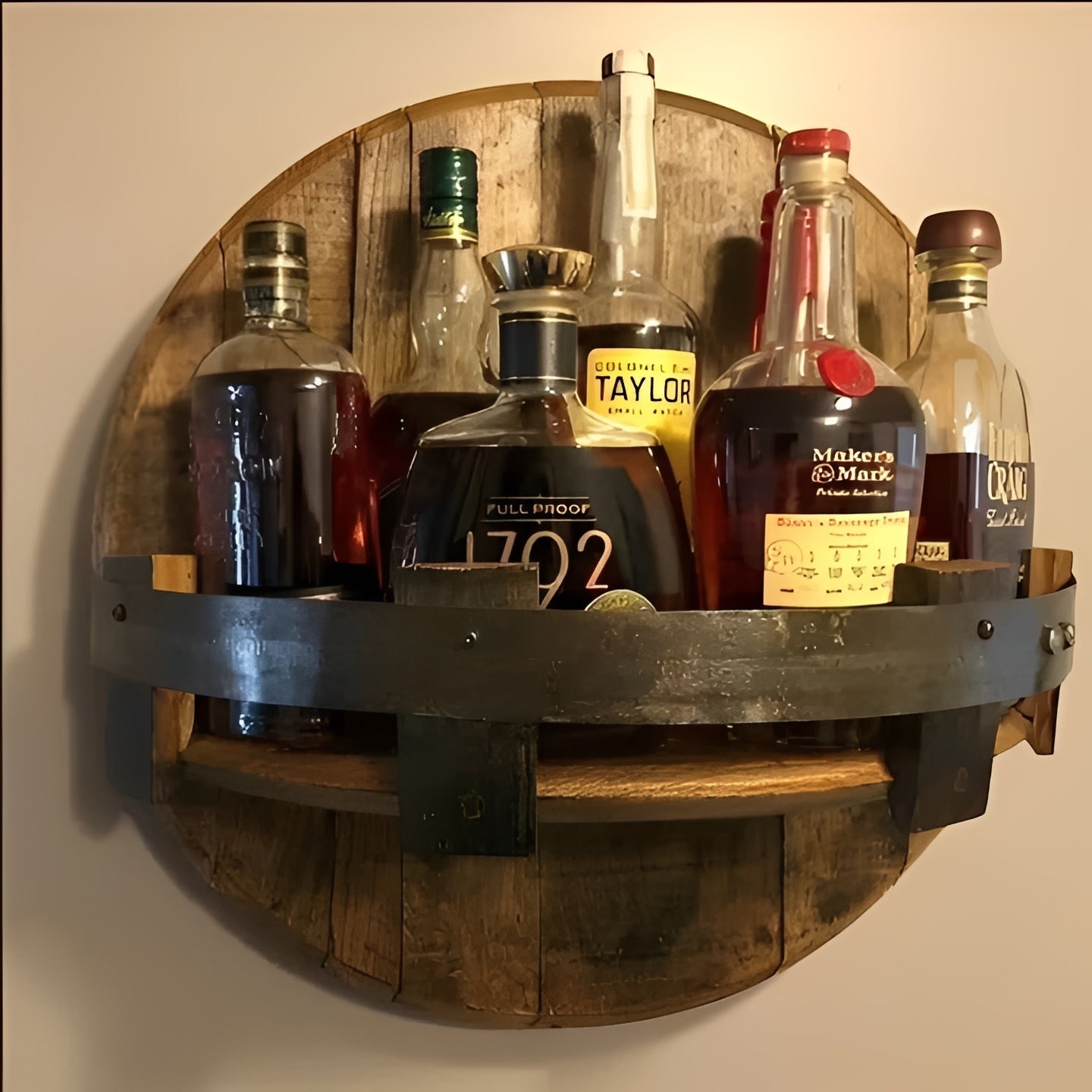 Rustic Floating Shelf Made from Reclaimed Whiskey Barrels