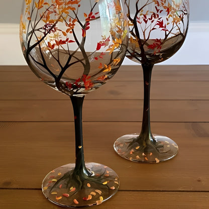 Artisan Wine Glass with Seasonal Tree Motif, 12 oz