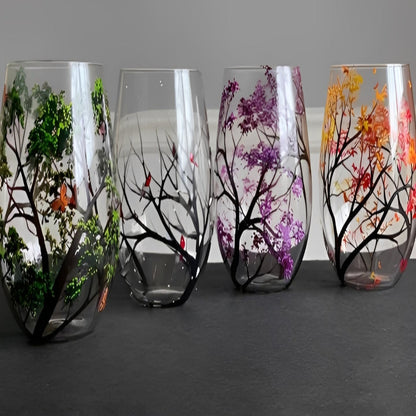 Artisan Wine Glass with Seasonal Tree Motif, 12 oz