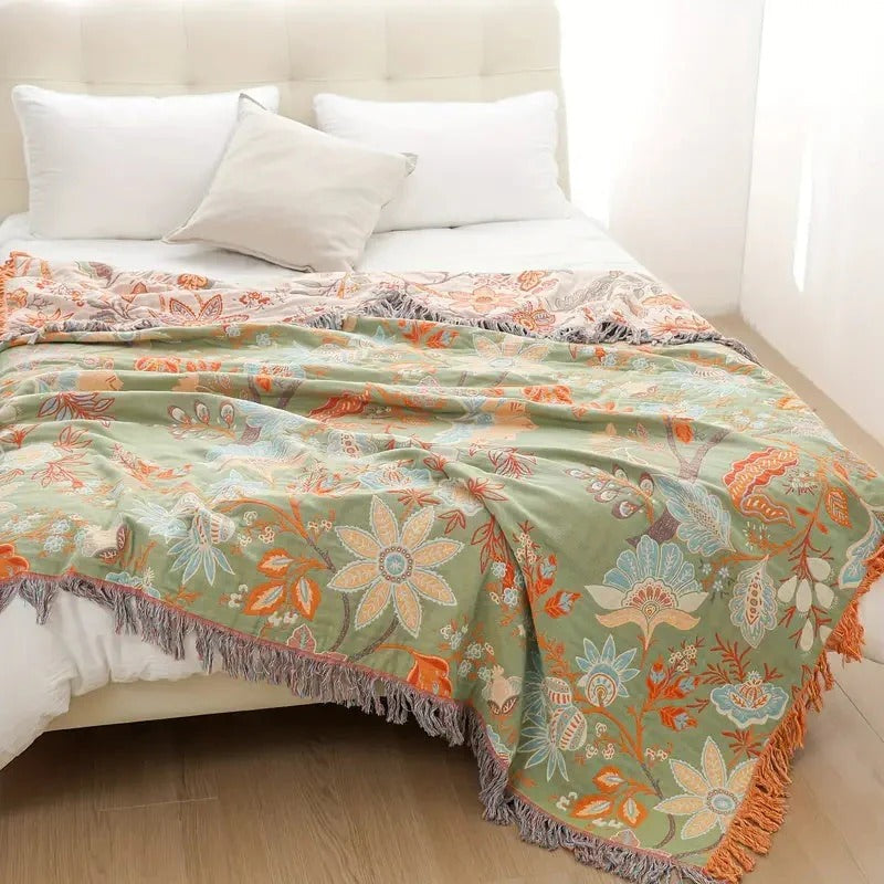 Vibrant Floral Cotton Throw Blanket with Stylish Fringe Edges