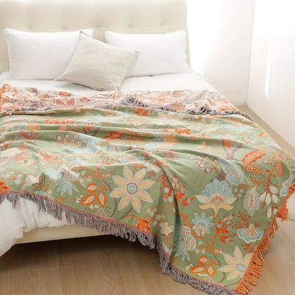 Vibrant Floral Cotton Throw Blanket with Stylish Fringe Edges