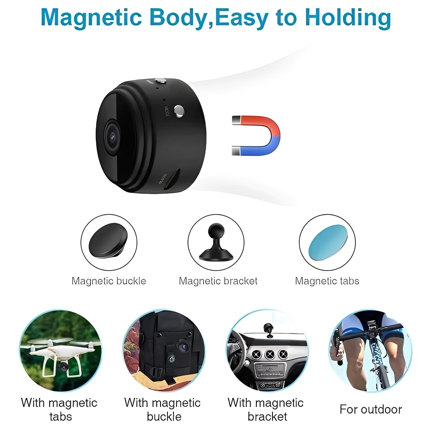 Compact WiFi Surveillance Camera with Magnetic Base and HD Recording