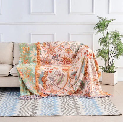 Vibrant Floral Cotton Throw Blanket with Stylish Fringe Edges